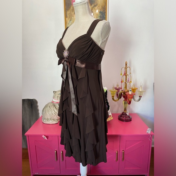 VTG Y2K CACHE BROWN WATERFALL RUFFLE DRESS SIZE 6 - Picture 4 of 6